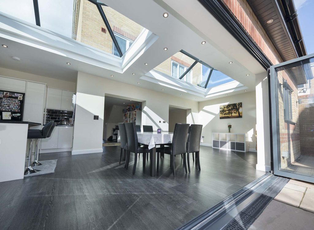 ultraframe rooflights in open plan kitchen and dining room