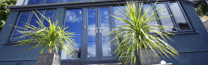 looking up at black slim upvc french doors